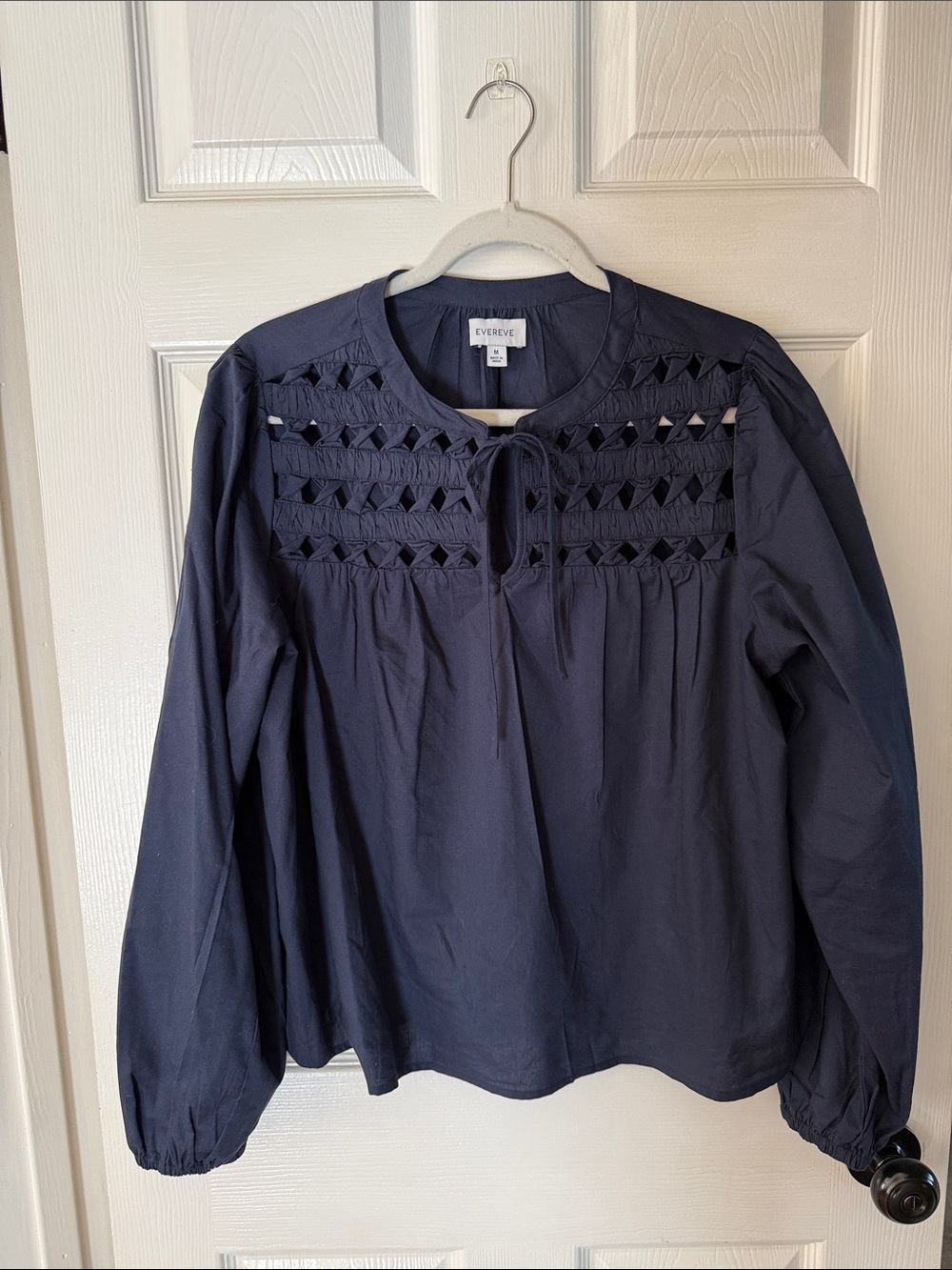 Evereve Daisy Cutwork Blouse - Navy Cutout Yoke Long-Sleeve Blouse